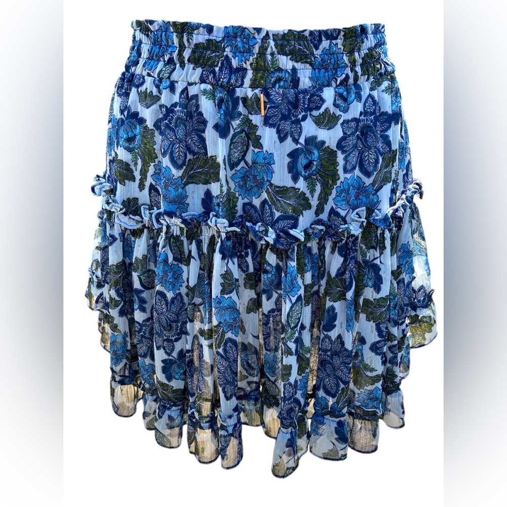 Smocked Mini Skirt by Misa Los Angeles - Floral Chiffon Blue Marion. Size M - Picture 5 of 9